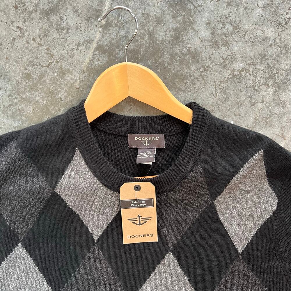 Dockers Sweater Mens Large Black Gray Argyle V-Neck Fine Gauge Soft NWT New - Picture 4 of 13